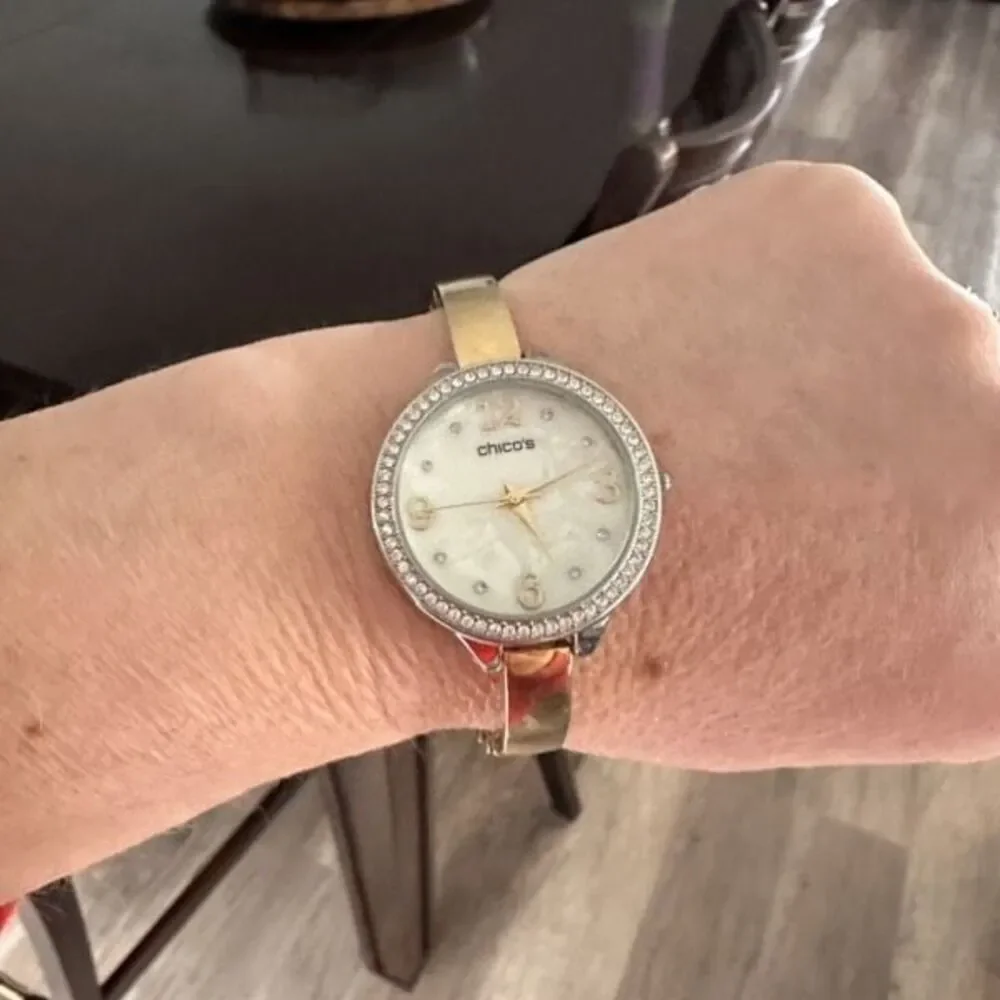 Chico’s Large Face Mother of Pearl Pave Rhinestone Goldtone Delicate‎ Band Watch